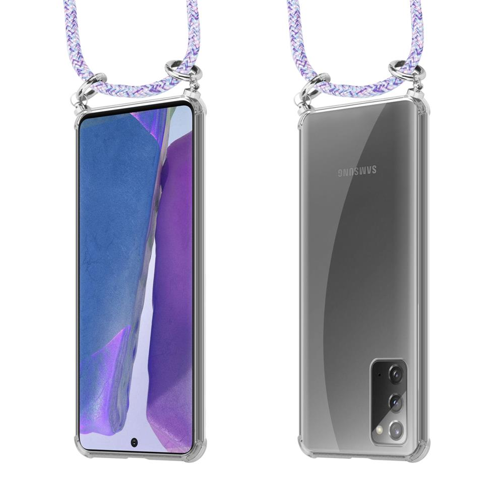Uno smartphone in custodia trasparente con cordino viola, visto fronte e retro.