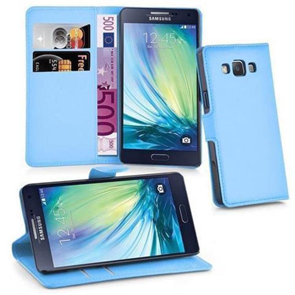 Custodia per telefono azzurra con slot per carte e banconote.
