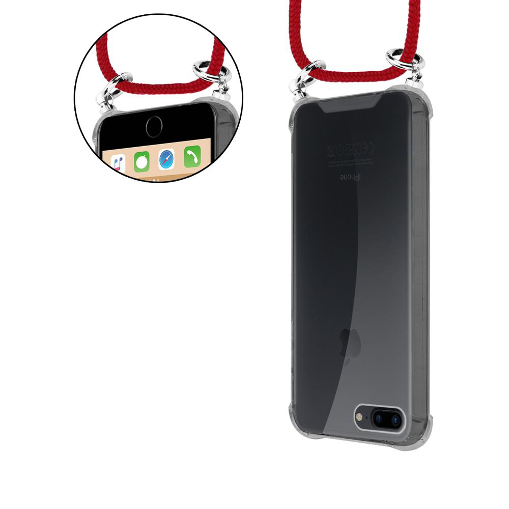 iPhone con custodia trasparente e laccetto rosso, primo piano.