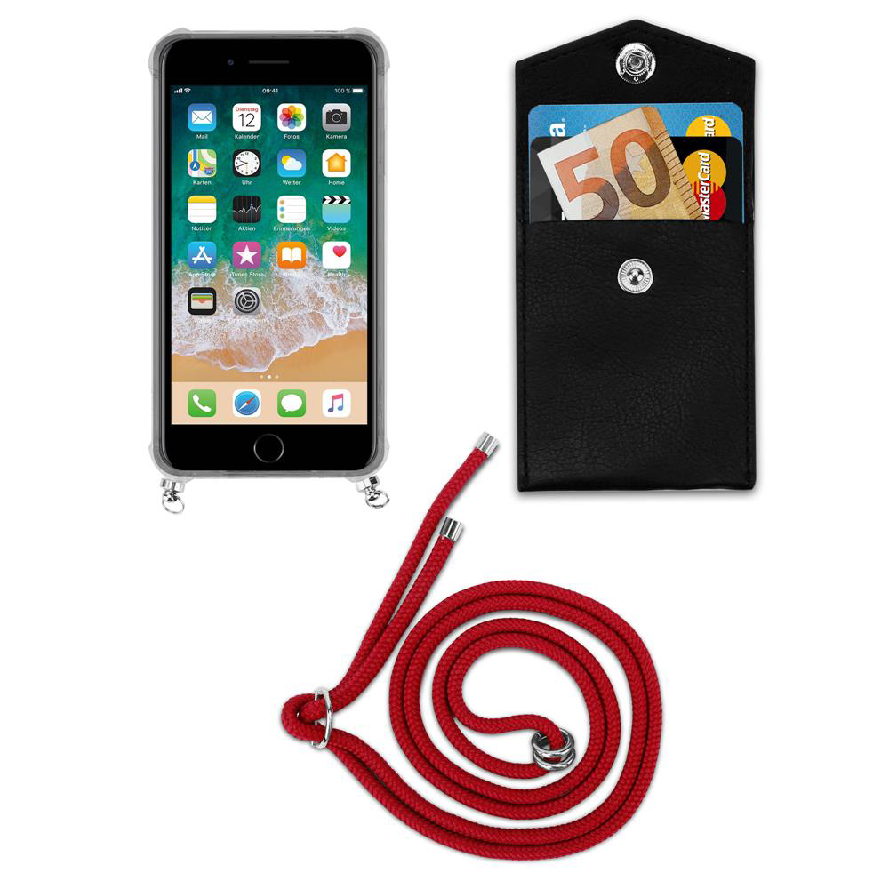 Uno smartphone in custodia con laccetto, accanto a una tasca nera con banconote e carta.