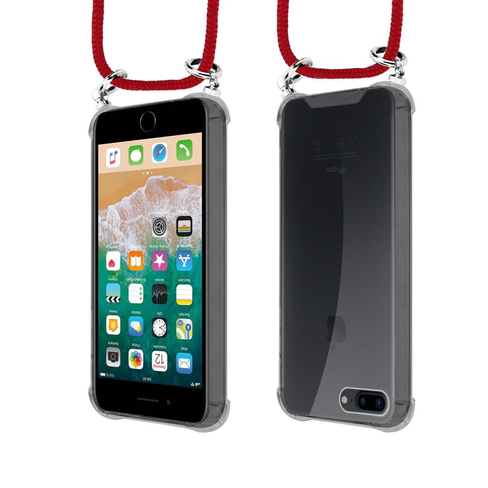 Due viste di un iPhone con cinturino rosso e custodia trasparente.