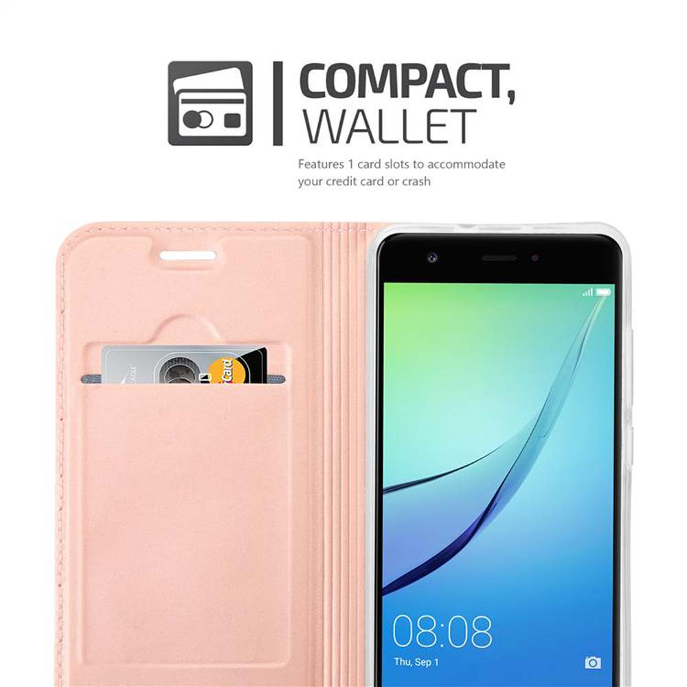 Custodia a portafoglio rosa aperta, mostra uno slot per carte con una carta e uno smartphone.