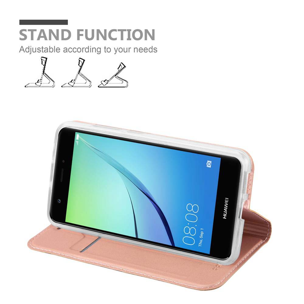 Una custodia rosa per telefono con funzione stand, che mostra uno smartphone Huawei.