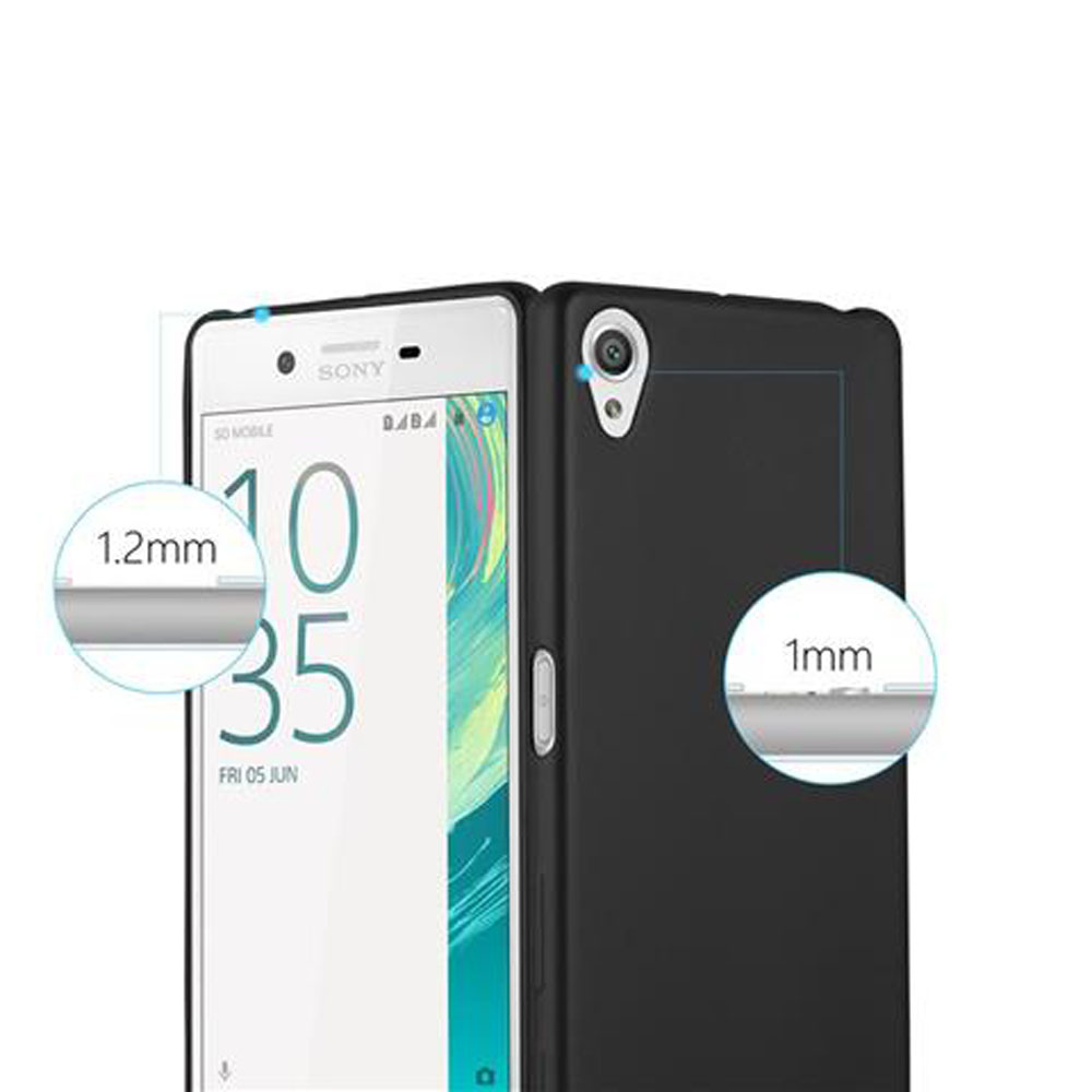 Una custodia nera accanto a uno smartphone bianco. Dimensioni: 1,2mm e 1mm.