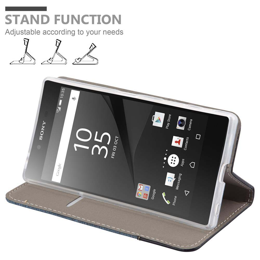 Telefono Sony in custodia blu e grigia, in modalità stand. Testo: 'STAND FUNCTION'.