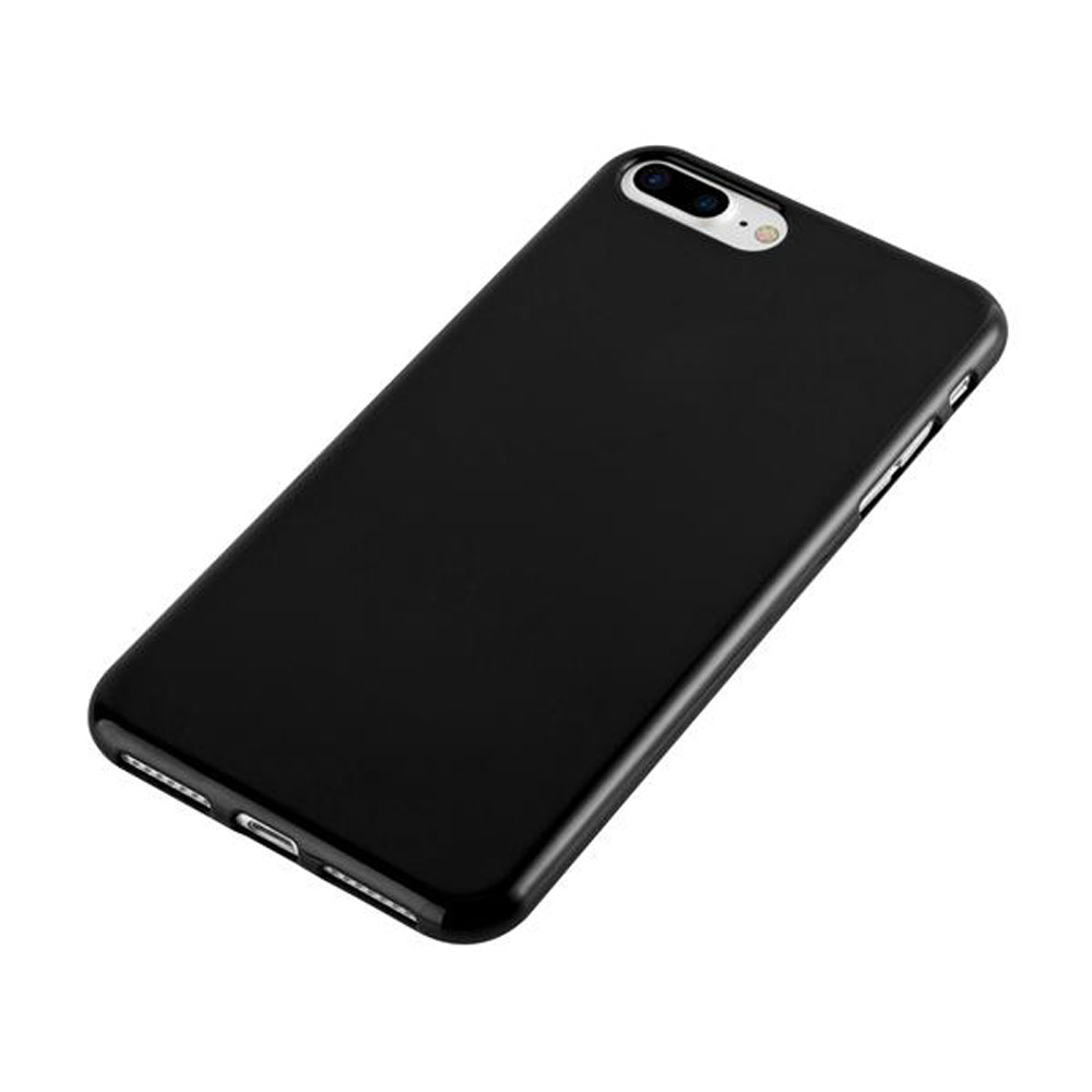 Custodia nera per telefono con ritaglio doppia fotocamera, su sfondo bianco.