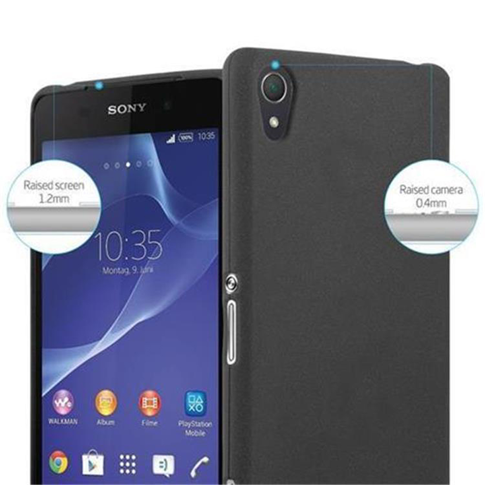 Smartphone Sony con custodia protettiva nera, vista frontale e posteriore.
