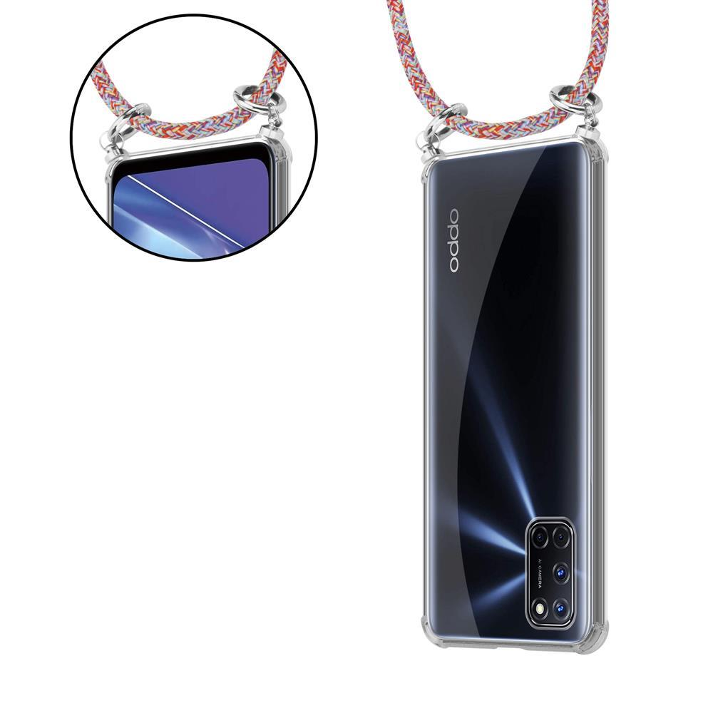 Transparente Handyhülle mit buntem Band, zeigt Oppo-Logo und Kamera.