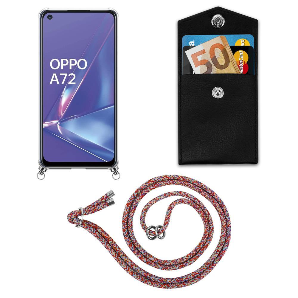 OPPO A72 Smartphone, schwarze Brieftasche mit 50-Euro-Schein und Karte, bunte Kordel.