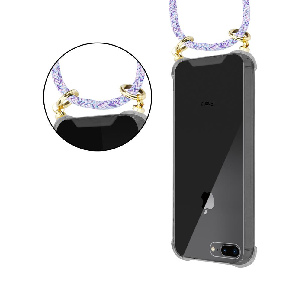Custodia trasparente per telefono con cordino viola e hardware dorato.