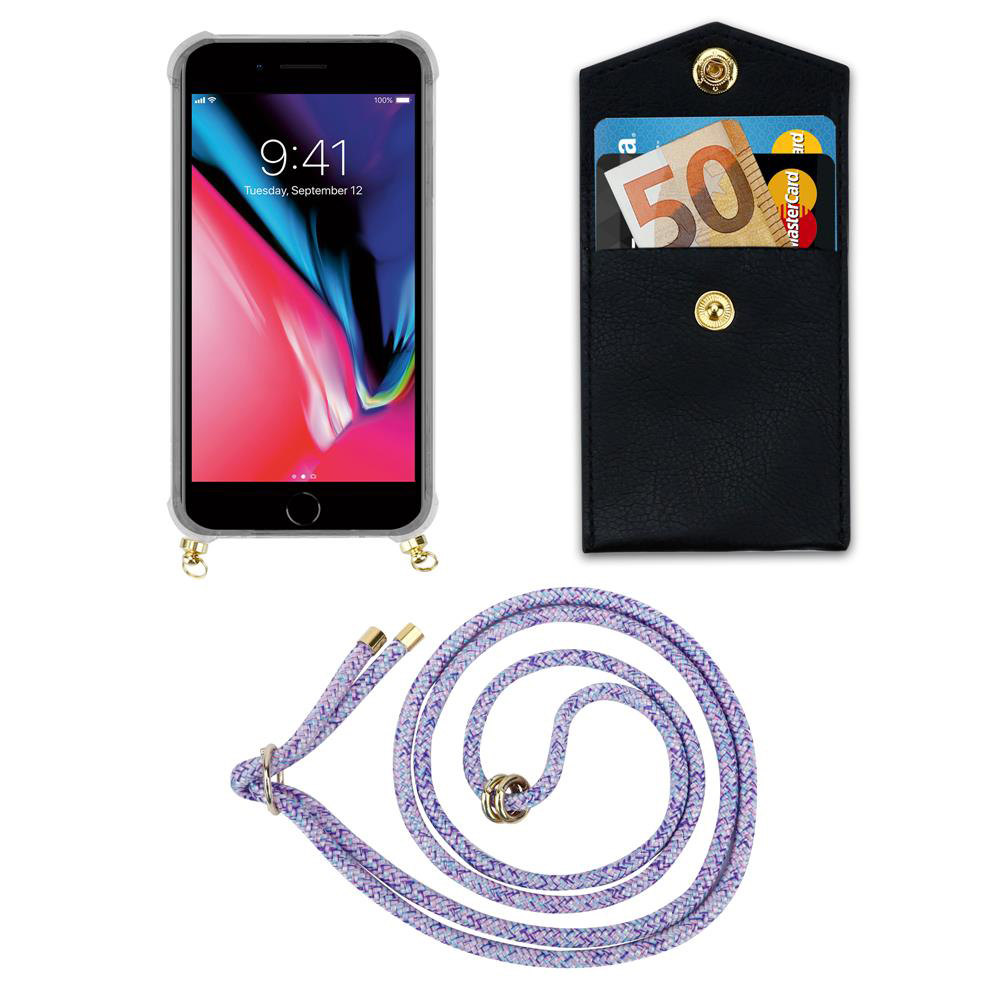Uno smartphone in custodia, un portafoglio nero con soldi e carte, e un cordino.