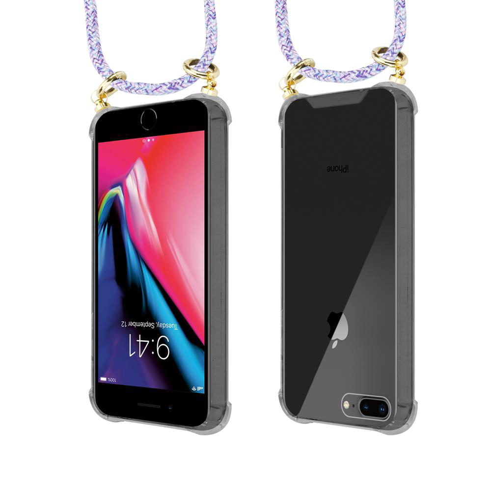 Due iPhone con laccetto. A sinistra lo schermo, a destra il retro con logo Apple.