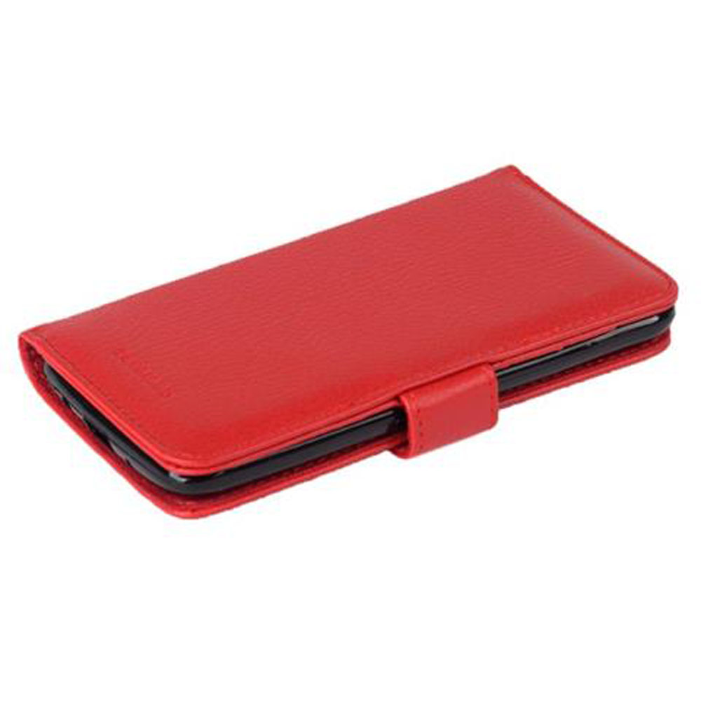 Custodia rossa in pelle per smartphone, chiusa con patta.