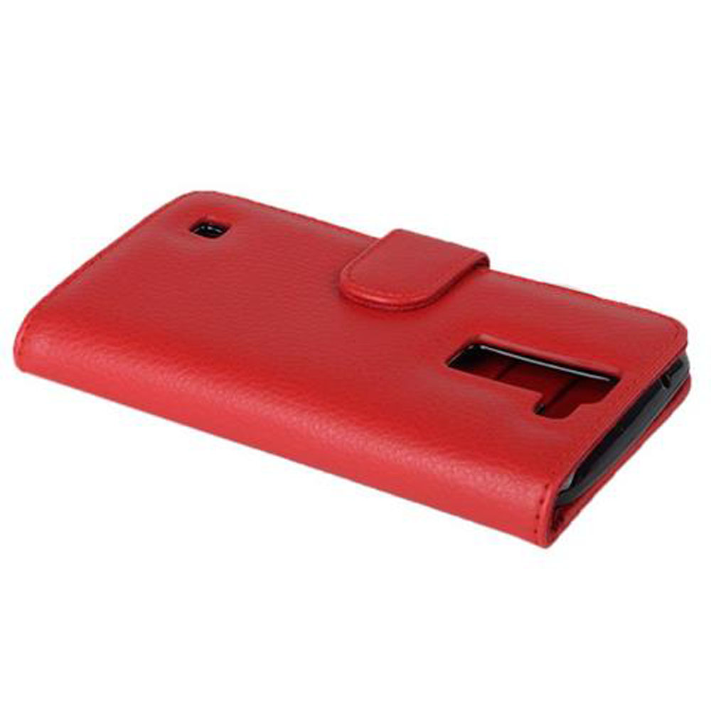 Custodia rossa in pelle per telefono con ritaglio fotocamera e linguetta.