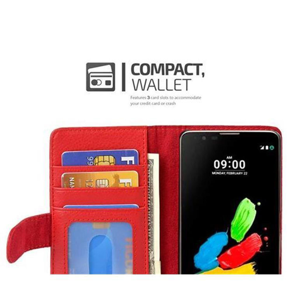 Custodia rossa a portafoglio con telefono, slot per carte e contanti.
