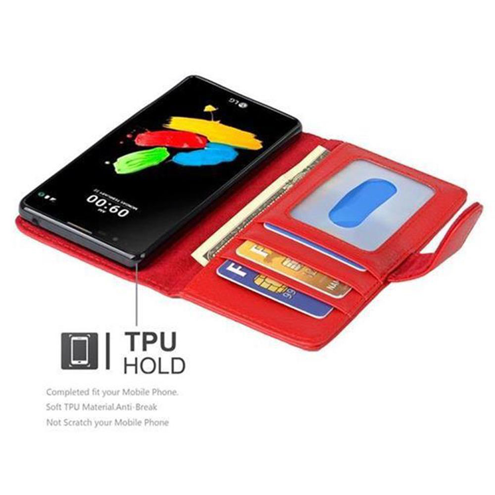 Custodia a portafoglio rossa con smartphone con icone colorate e carte di credito.