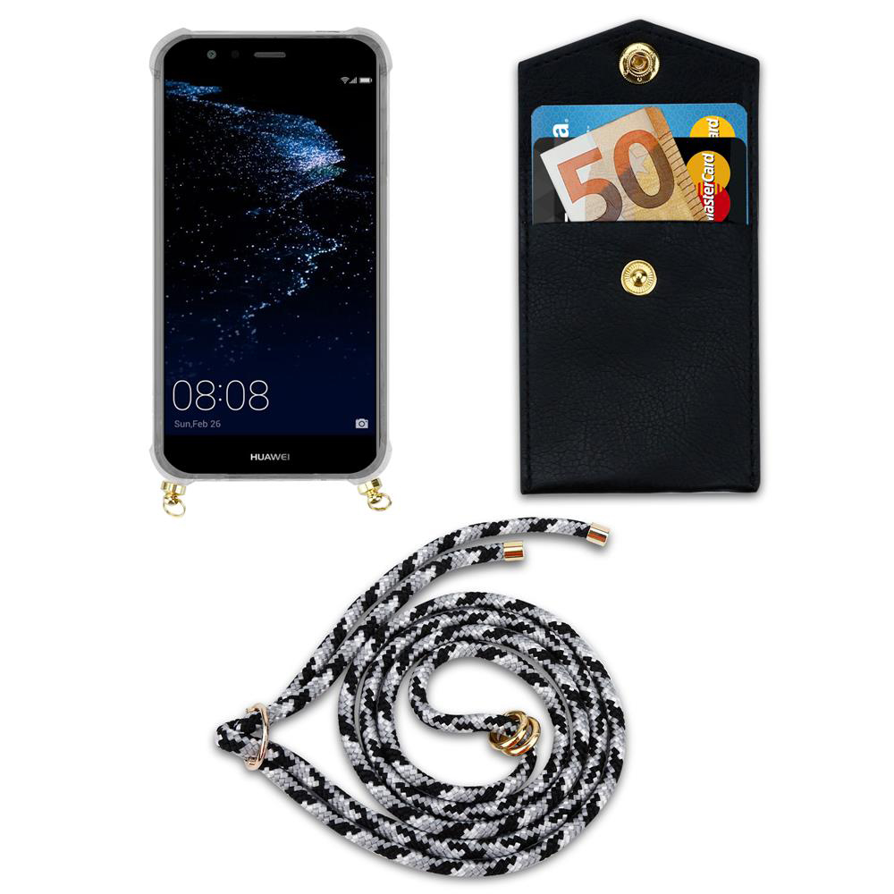 Smartphone con custodia, portafoglio con soldi e carte, e cordino.