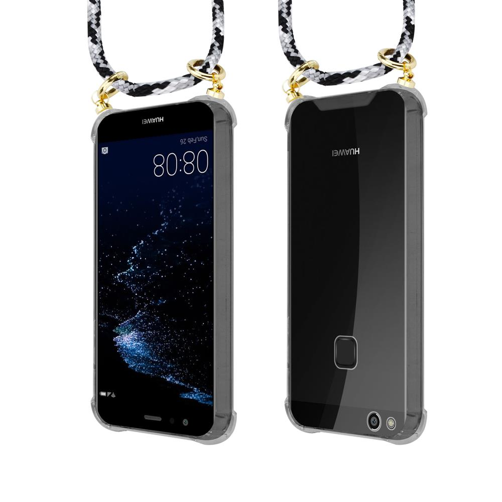 Due telefoni Huawei con cordino bianco e nero, vista frontale e posteriore.