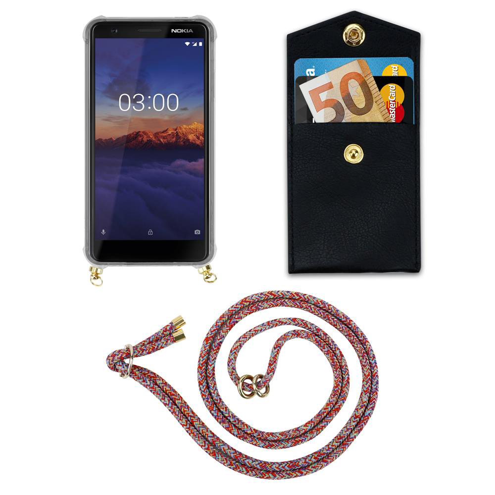 Ein Nokia-Smartphone, eine schwarze Brieftasche mit Karten und ein bunter Kordel-Tragegurt.