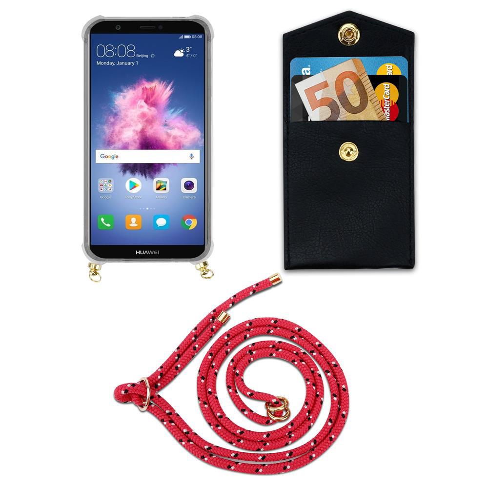 Uno smartphone Huawei con un portafoglio nero contenente denaro e carte, e un cordino rosso.