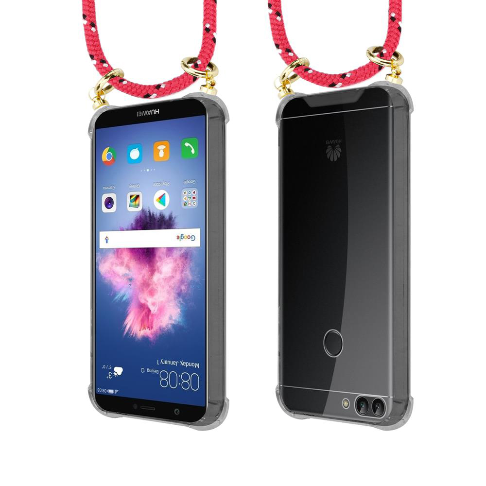 Due telefoni Huawei con cordini rossi, uno mostra schermo, l'altro retro.