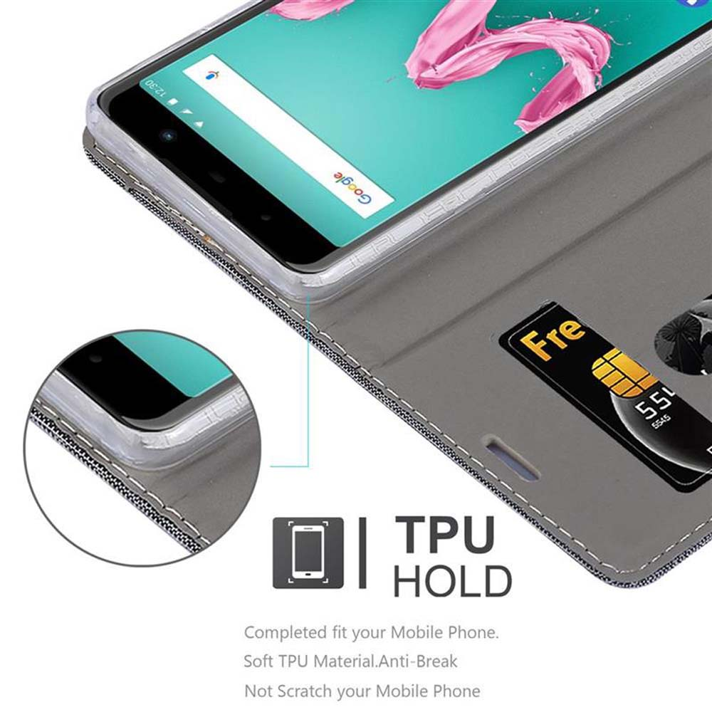 Una custodia grigia per telefono con un telefono che mostra la barra di ricerca Google e uno sfondo rosa.