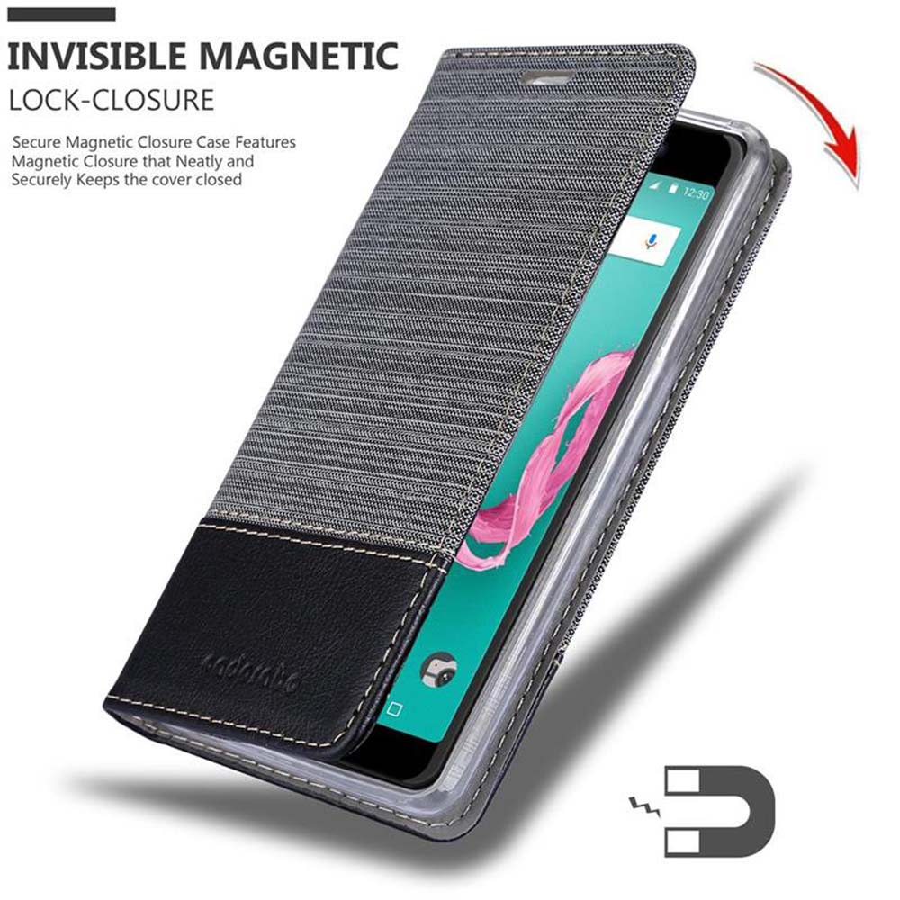 Custodia per telefono in tessuto grigio con dettaglio in pelle nera e schermo aperto.
