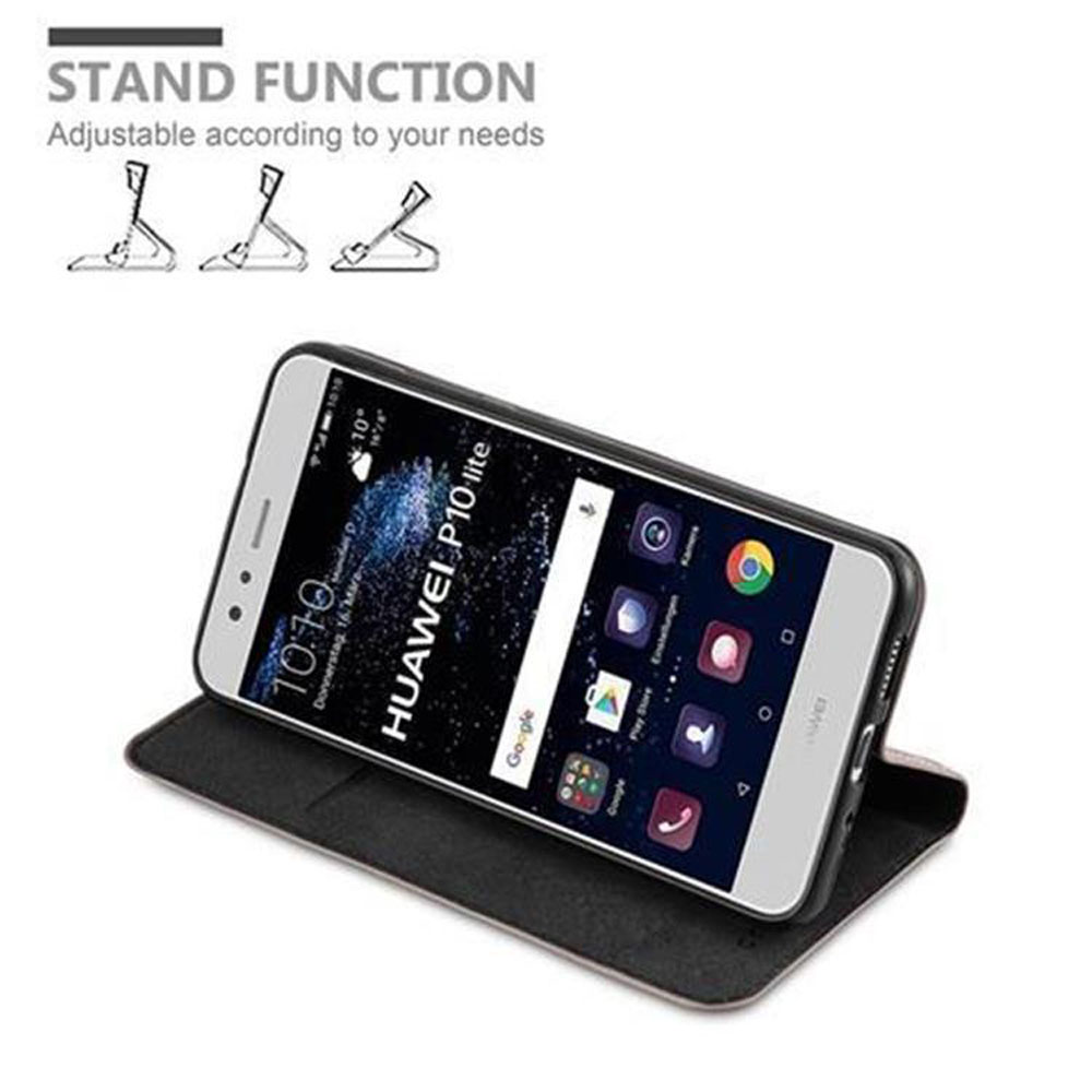 Un Huawei P10 lite in custodia nera con funzione stand.