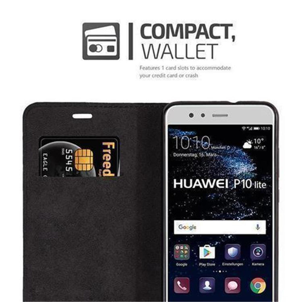 Custodia a portafoglio nera con un Huawei P10 lite e una carta.