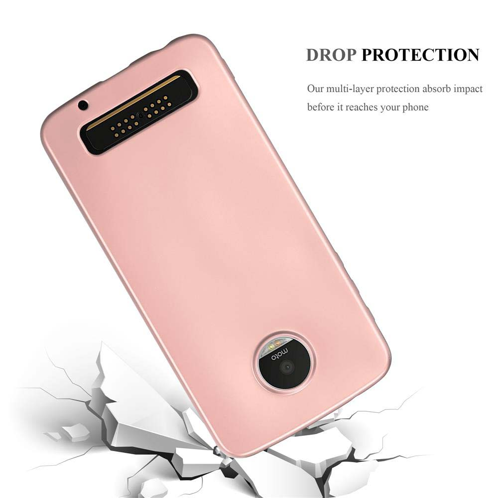 Una custodia per telefono rosa oro protegge da una superficie incrinata.