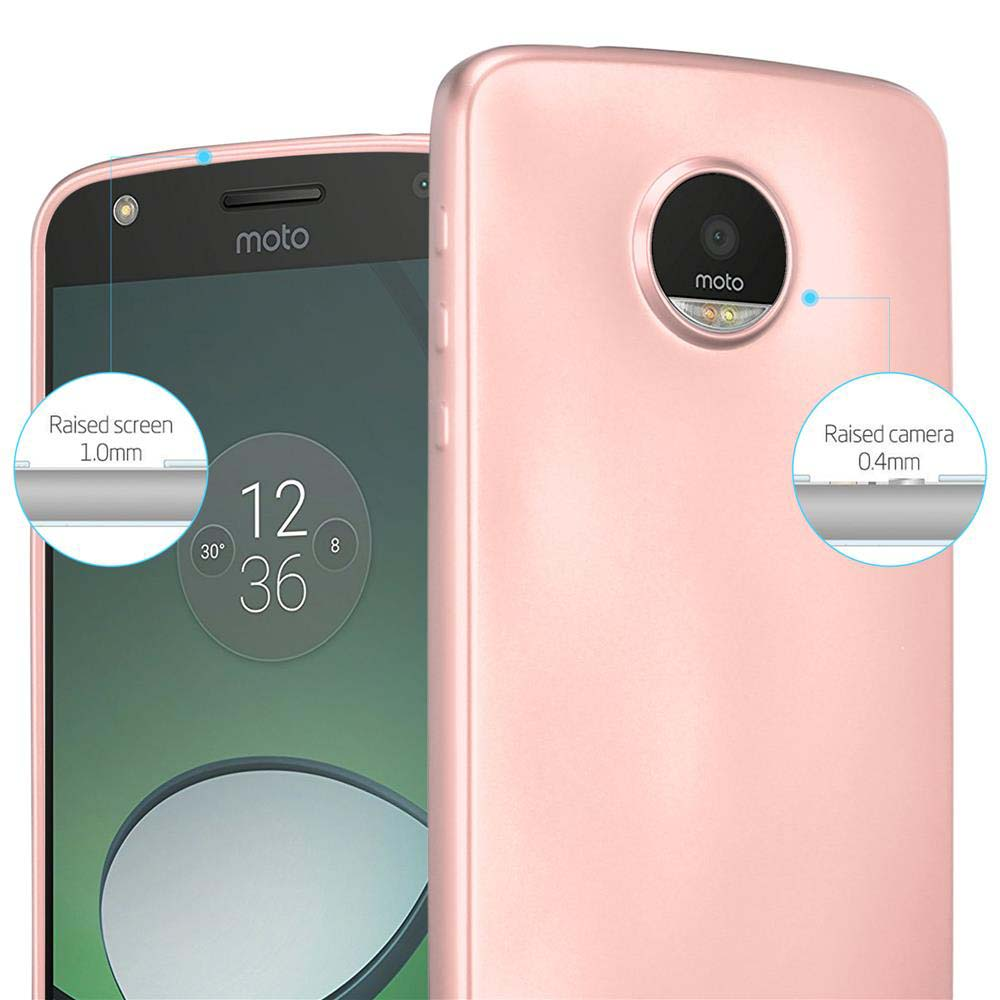 Uno smartphone Moto oro rosa con fotocamera rialzata e schermo rialzato in evidenza.