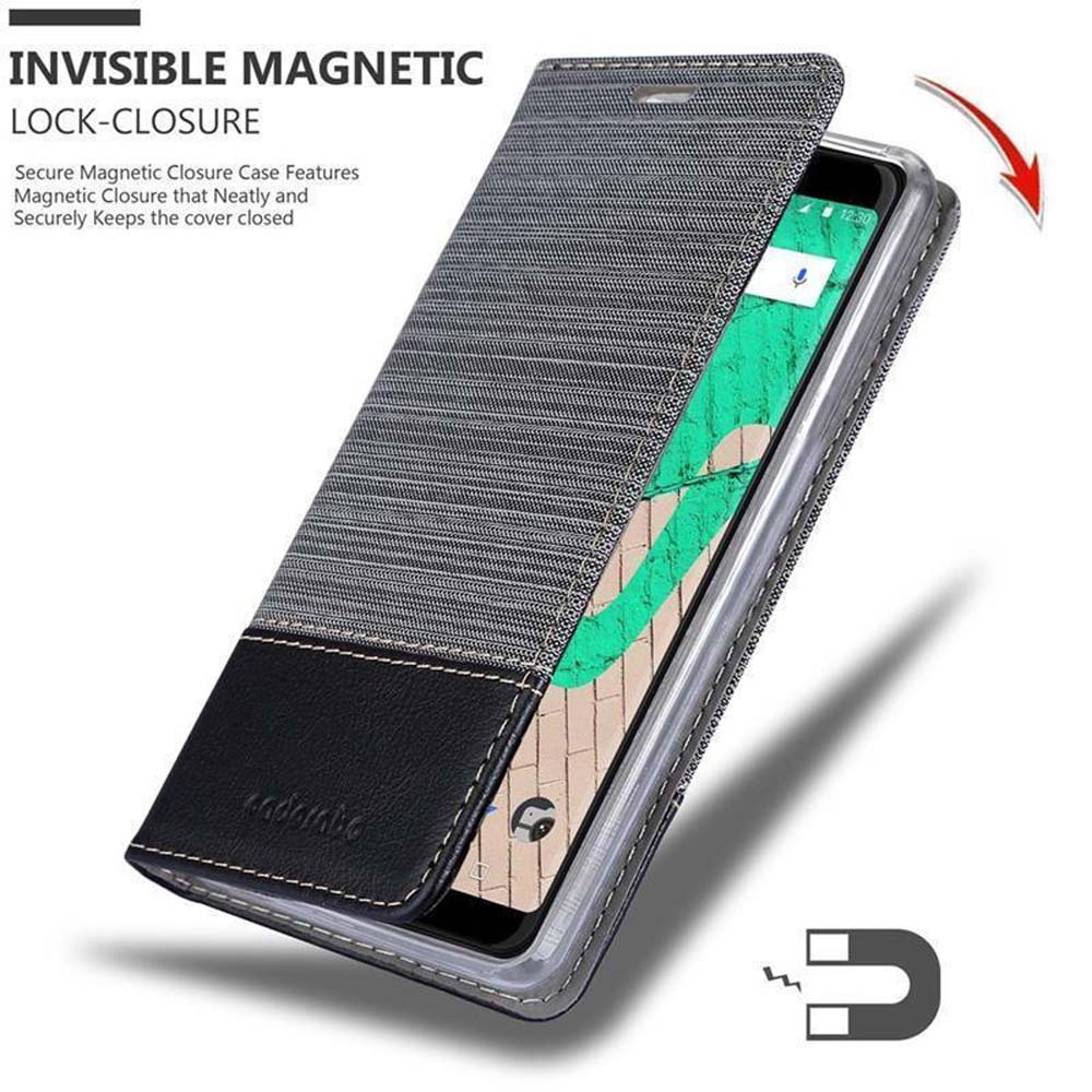 Custodia per telefono grigia con accento in pelle nera, chiusura magnetica.