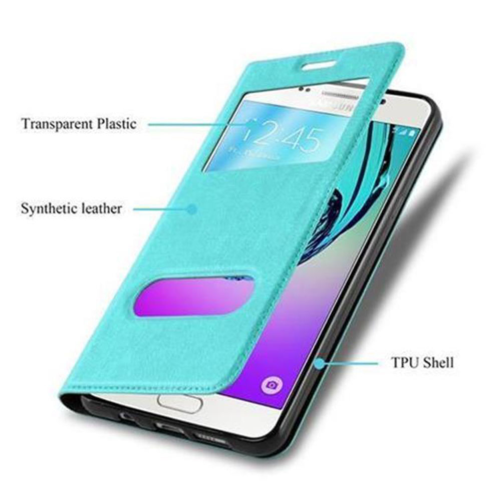 Una funda tipo libro turquesa de cuero sintético para teléfono con ventana.