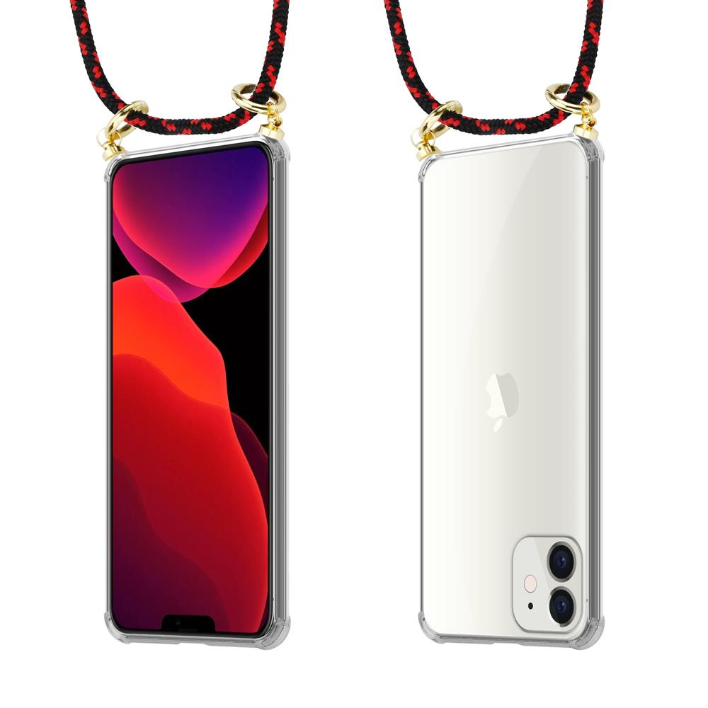 Uno smartphone con un cordino rosso e nero attaccato a una custodia trasparente.