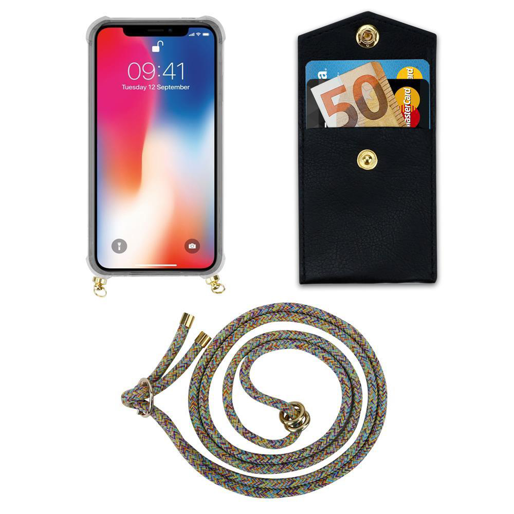 Uno smartphone, un portafoglio nero con contanti e carte, e un laccetto colorato.