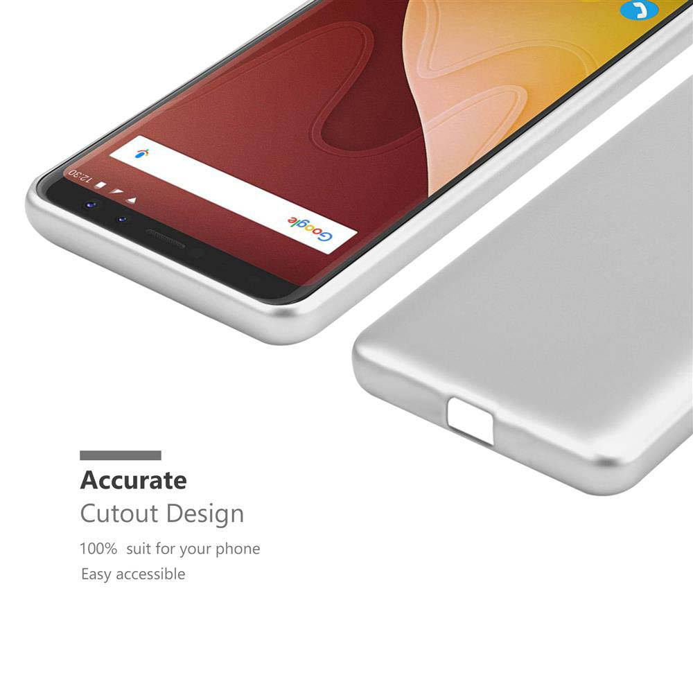 Smartphone argentato con barra di ricerca Google e custodia abbinata accanto.