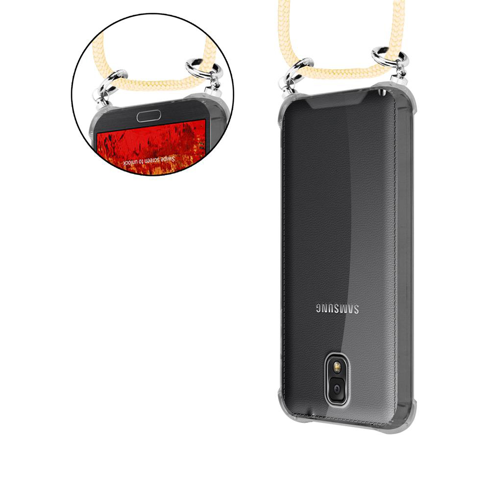 Samsung Handy mit schwarzem Schutzhülle und Lanyard, Frontansicht mit gesperrtem Bildschirm.