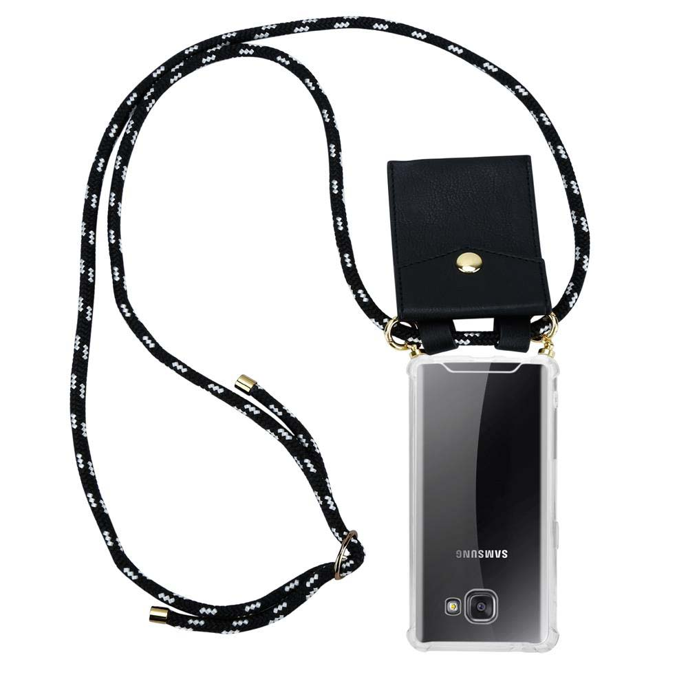 Cordón negro con funda de teléfono y bolsillo pequeño.