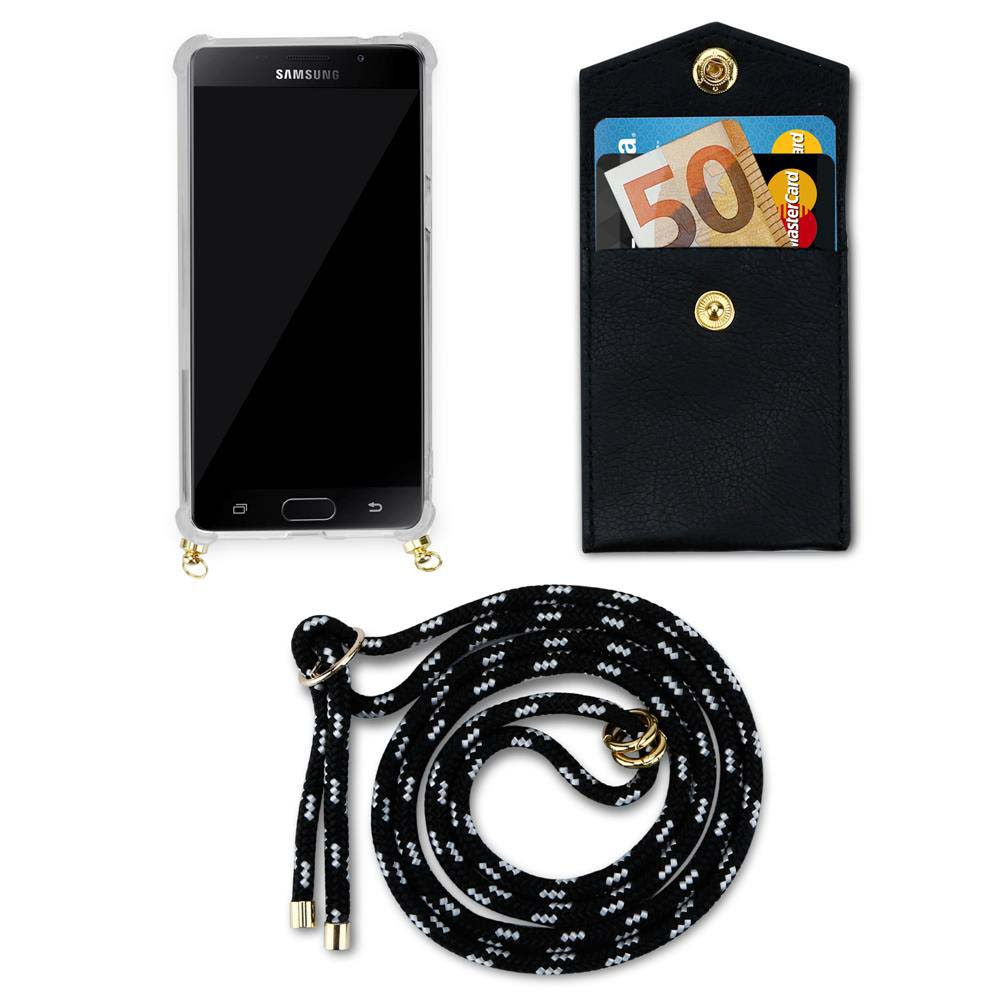 Teléfono Samsung en funda con bolsa negra y cordón