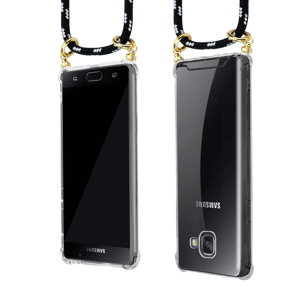 Dos teléfonos Samsung en fundas transparentes con cordones blancos y negros.