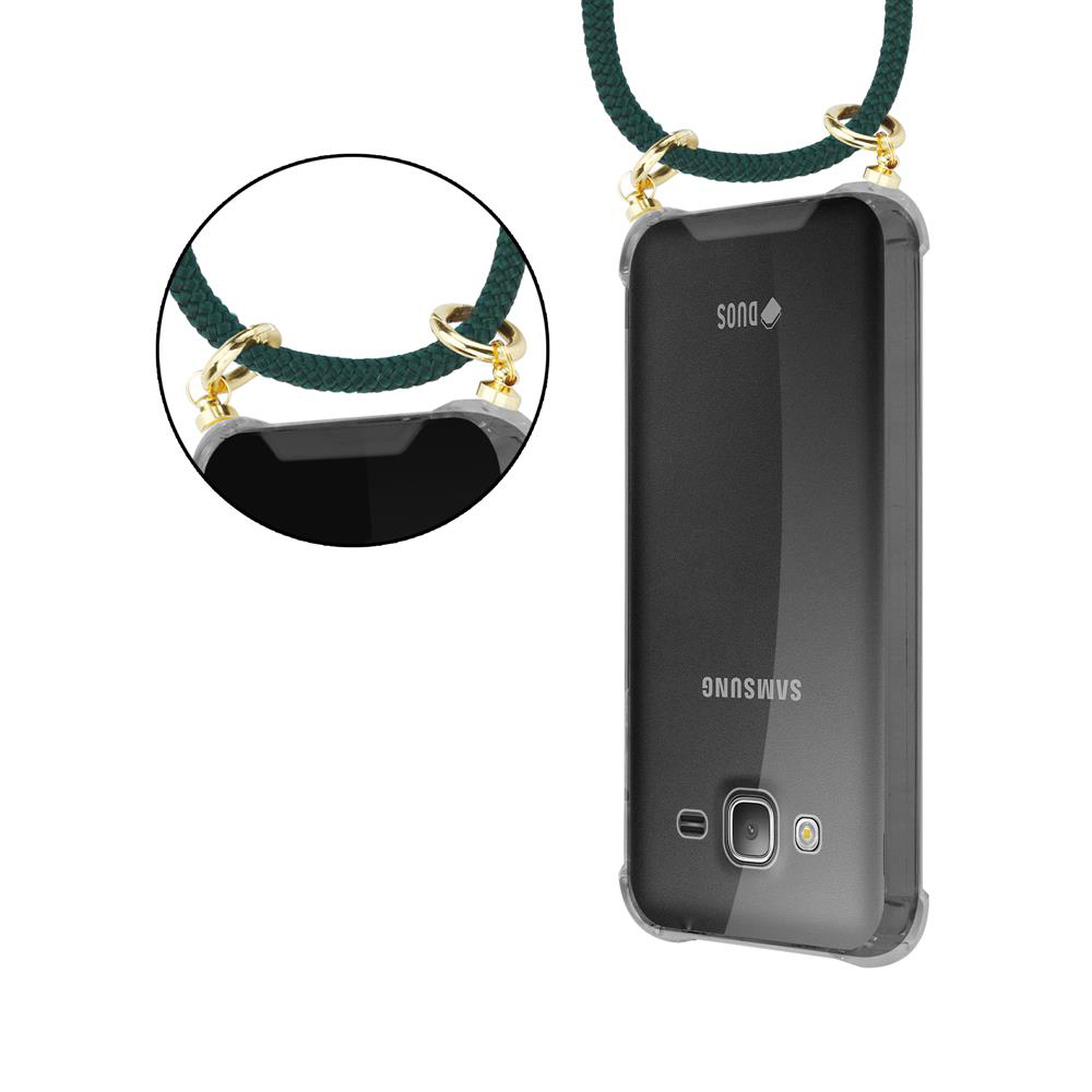Telefono Samsung Duos in custodia trasparente con cordino verde.