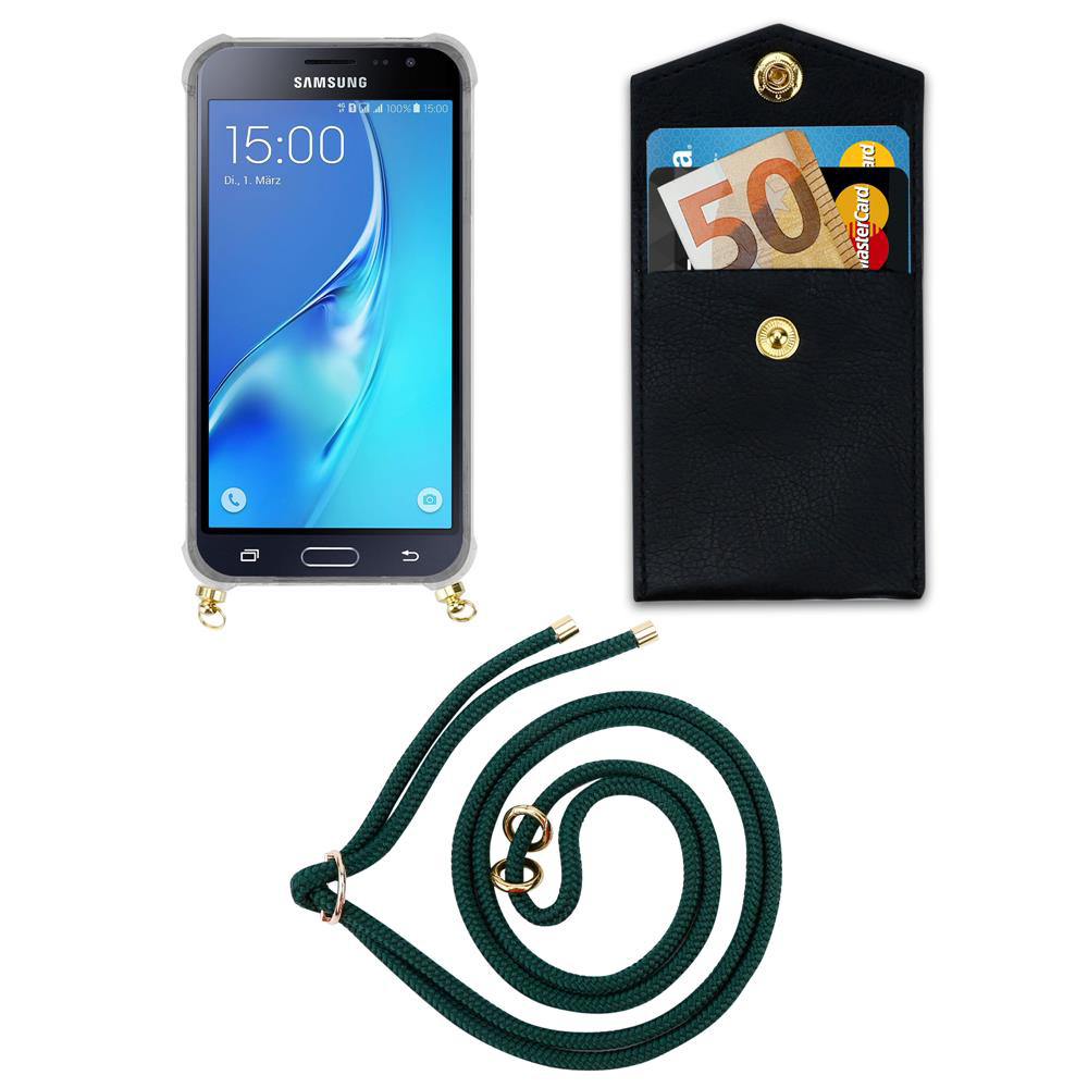 Smartphone, porta carte nero con banconote e carte, e un cordino verde.