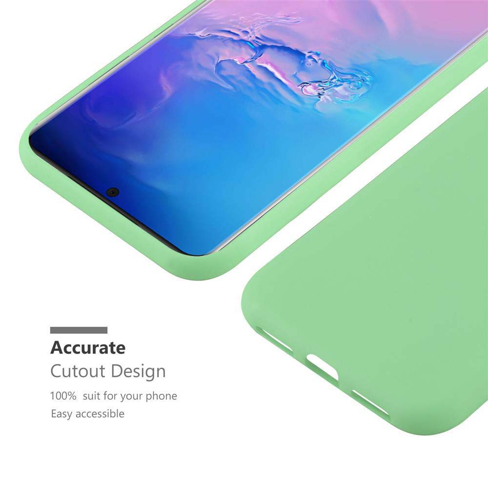 Custodia per telefono verde chiaro con uno smartphone all'interno che mostra uno schermo blu.