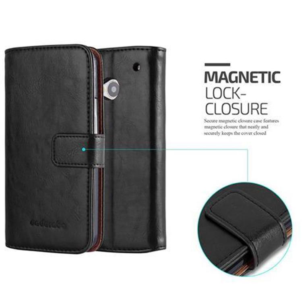 Schwarzes Lederetui mit magnetischem Verschluss für ein Smartphone.
