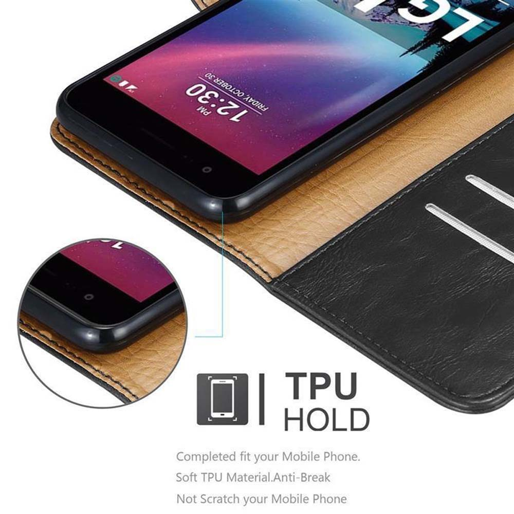 Un telefono cellulare nero in una custodia marrone con supporto in TPU e testo.