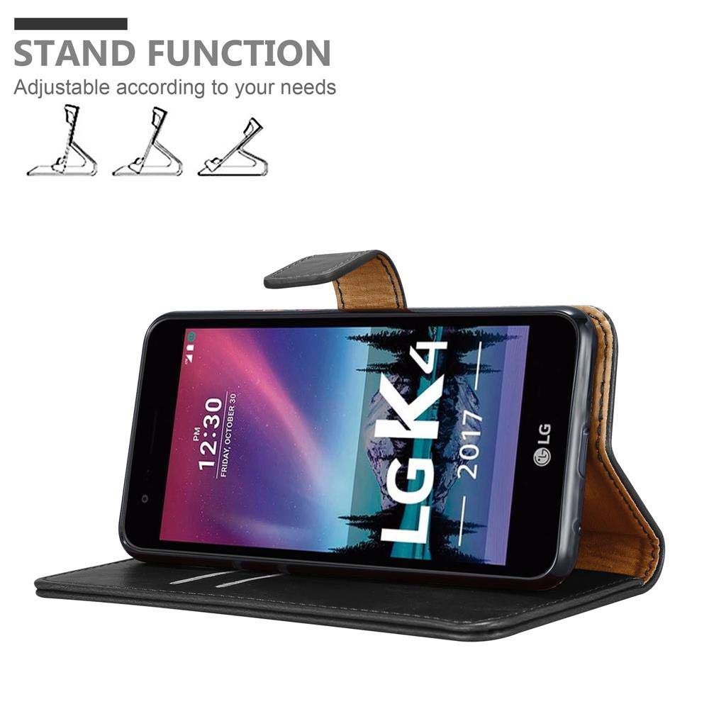 Un telefono LG K4 in una custodia nera con funzione stand.