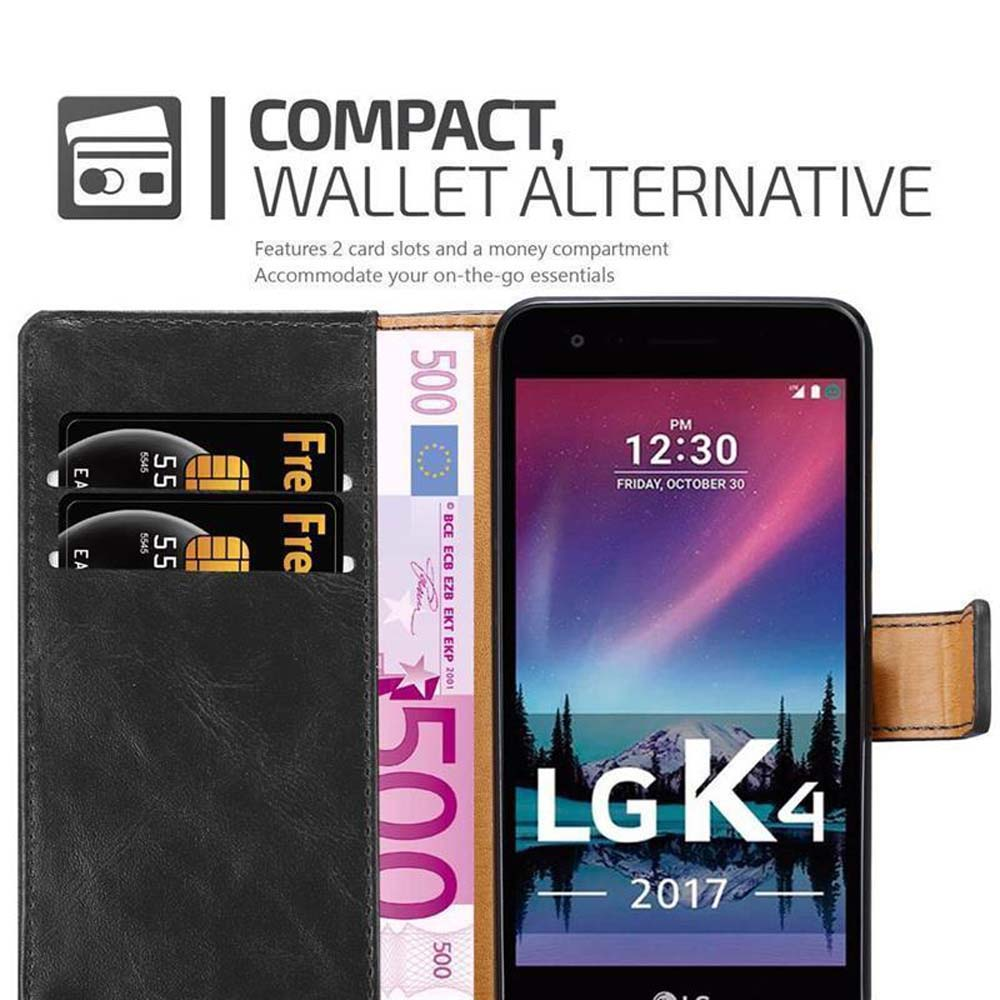 Portafoglio nero con due fessure per carte, contanti e smartphone LG K4.