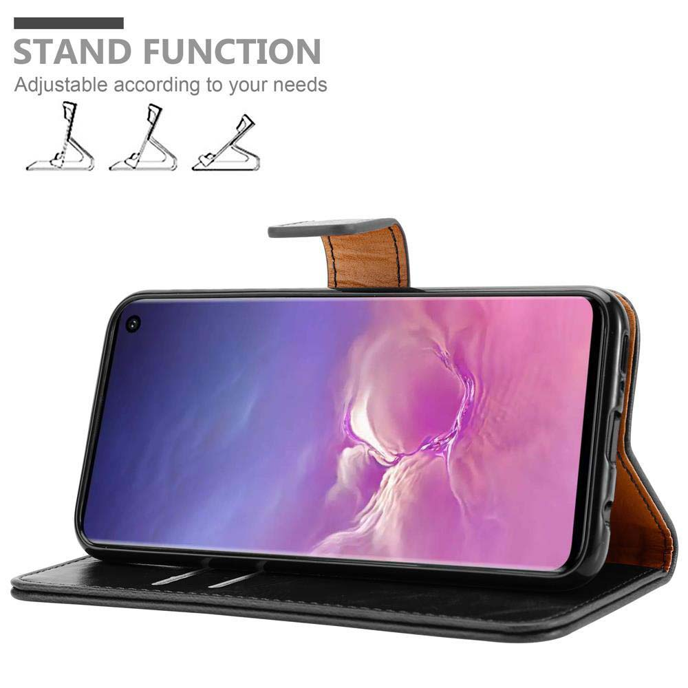 Smartphone in custodia marrone con funzione stand in tre posizioni.