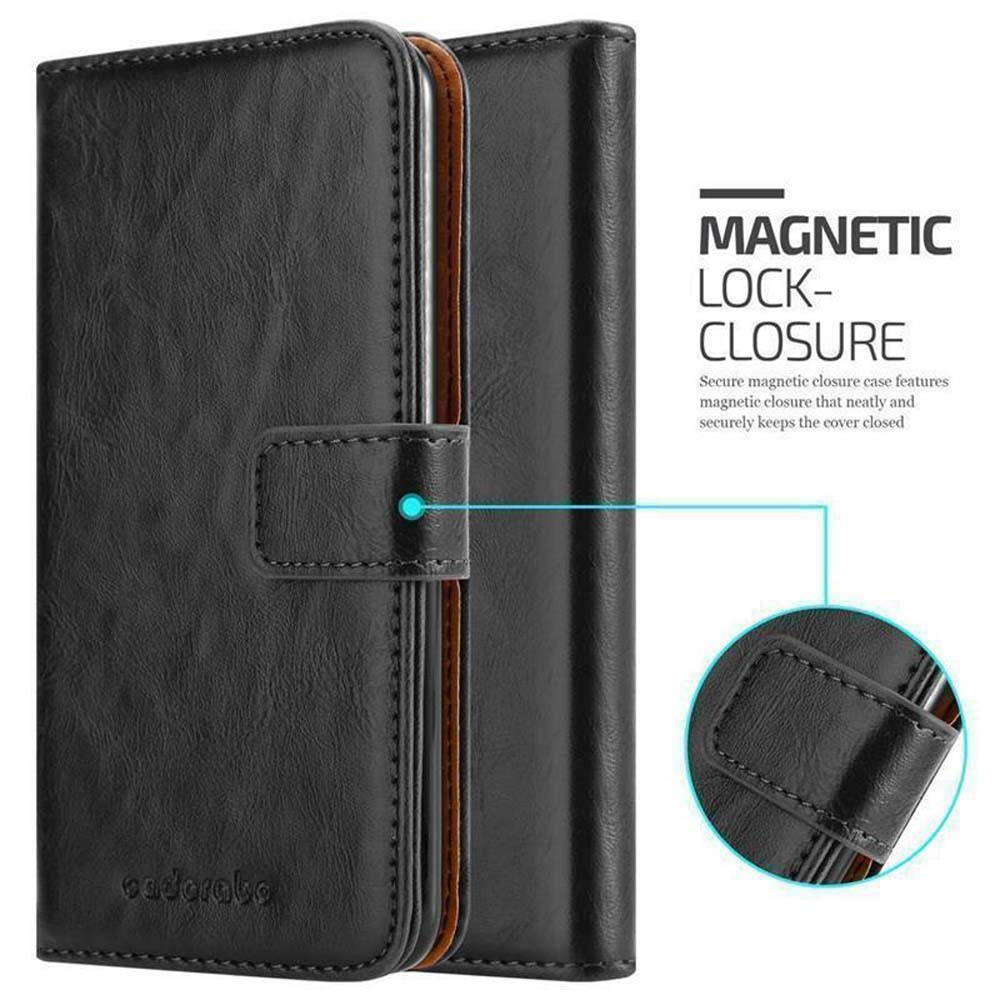 Custodia a portafoglio nera per telefono con chiusura magnetica e accenti marroni.