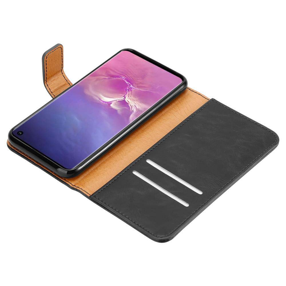 Uno smartphone in una custodia di pelle nera con bordo cuoio.